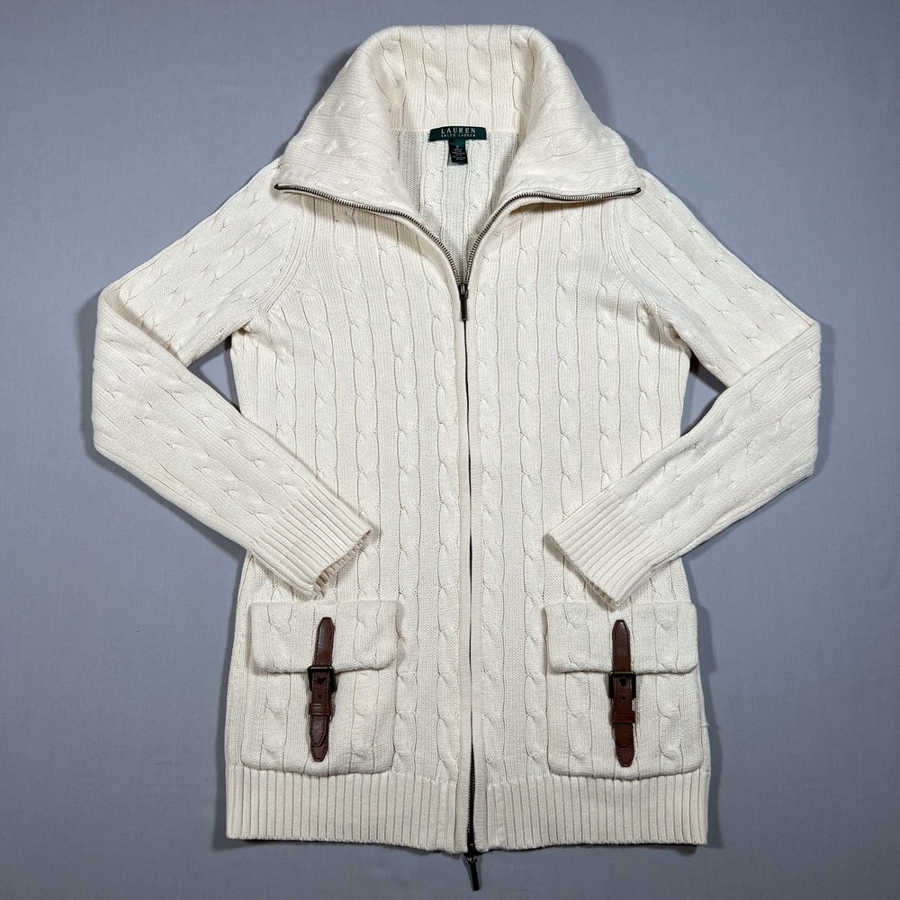 Lauren Ralph Lauren Womens Cream Cable Knit Full Zip Buckle Pocket Cardigan S